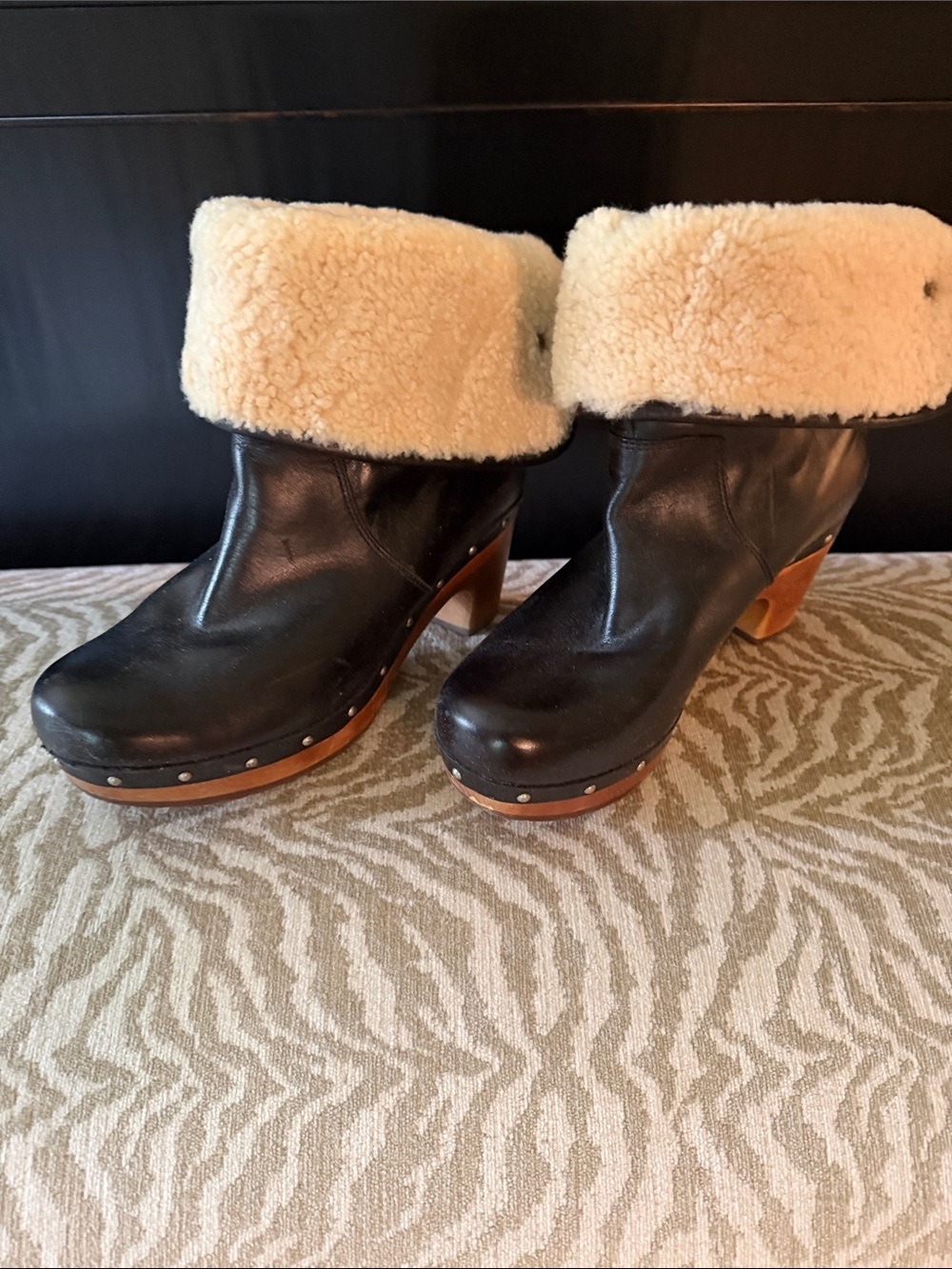 UGG Black Leather Shearling Cuff Wooden Clog Heels